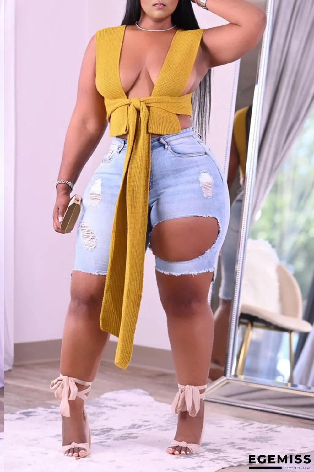 Yellow Sexy Solid Hollowed Out V Neck Plus Size Tops | EGEMISS