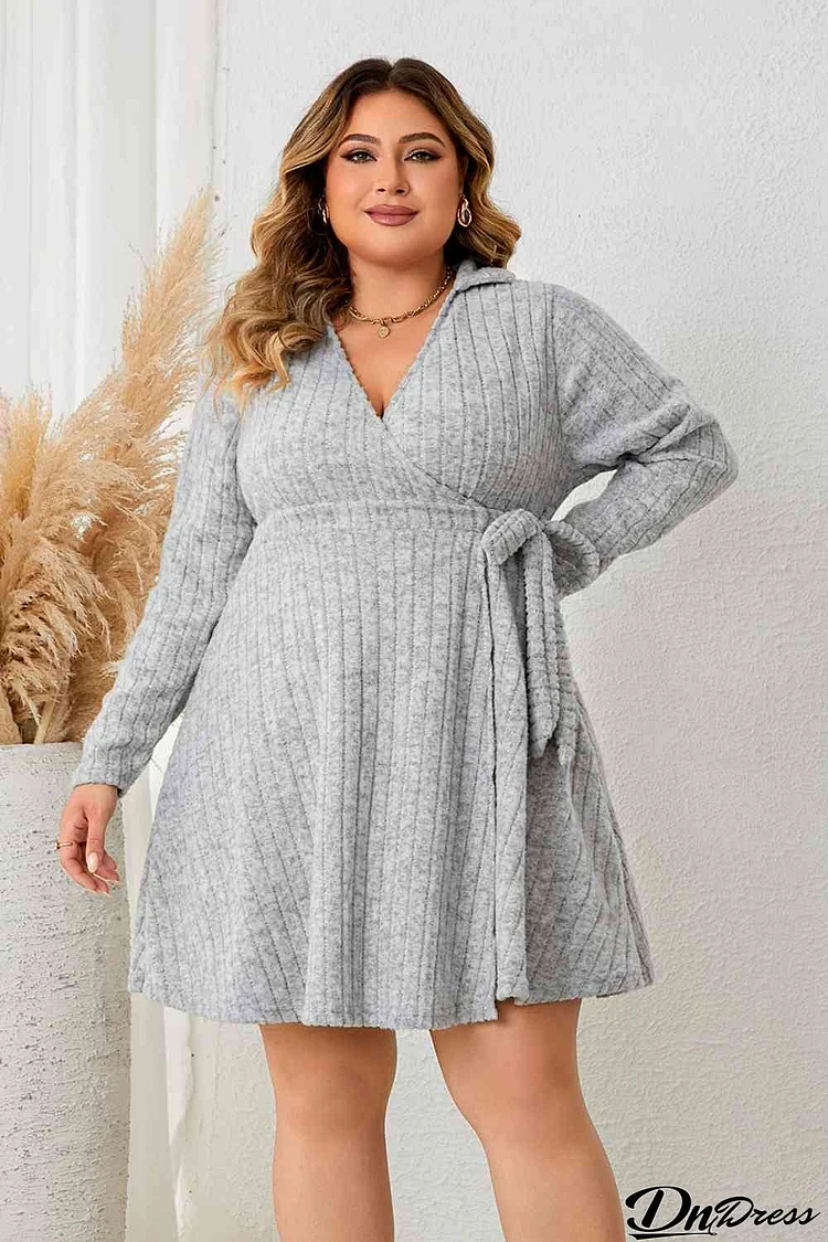 Plus Size Collared Neck Long Sleeve Tied Dress