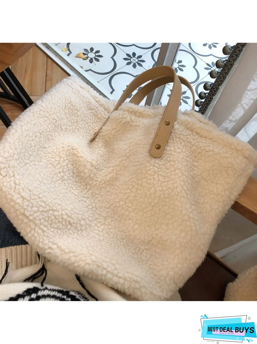 Pure Color Lambswool Large Capacity Handbag