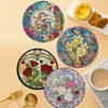 4PCS Wooden Diamond Painted Placemat Round Placemat with Holder(Rose Bouquet)