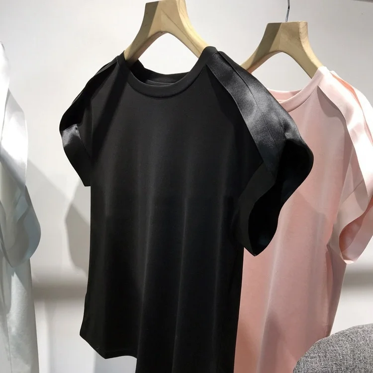 Nigikala Shirts for Women Fashion Woman Tshirts Patchwork Puff Sleeve Woman Blouses O-neck Tees Y2K Tops Tunic Casual Solid T-shirt