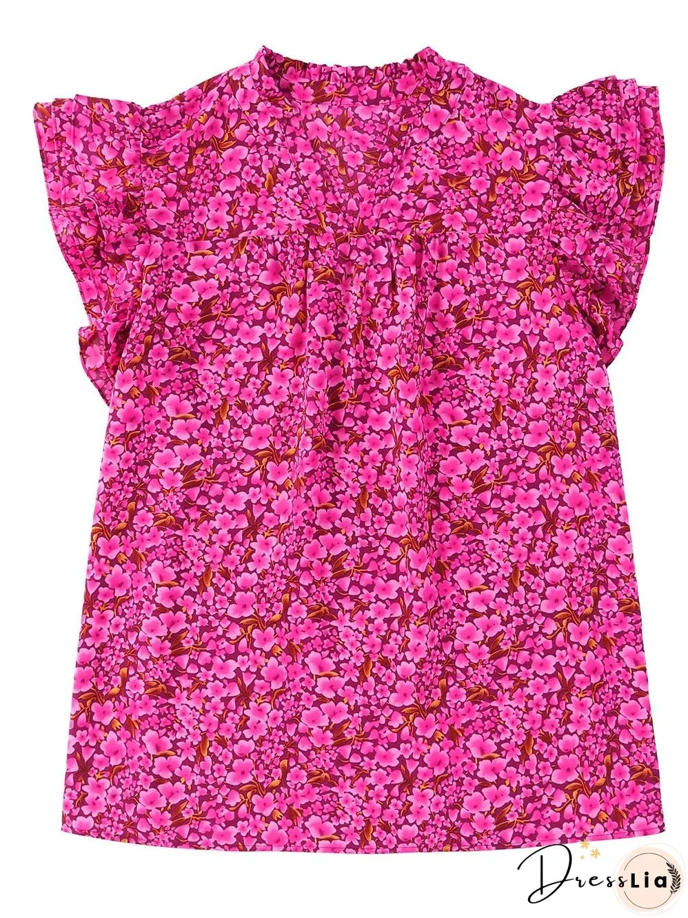 Rose Floral Print Ruffle Sleeve Plus Size Shift Top