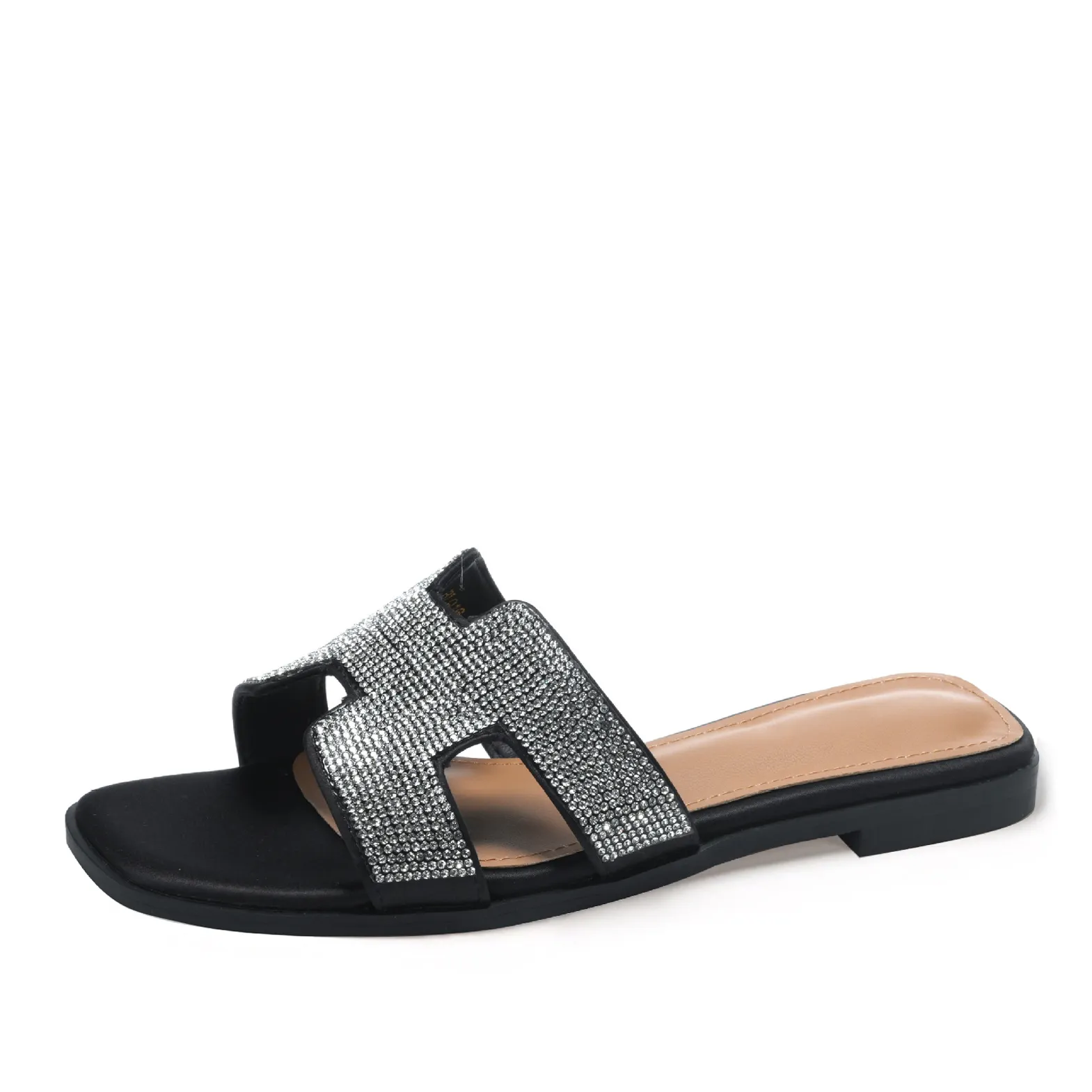 Women's Summer Square Open Toe Rhinestone Sparkling Flat Slippers-vocosishoes