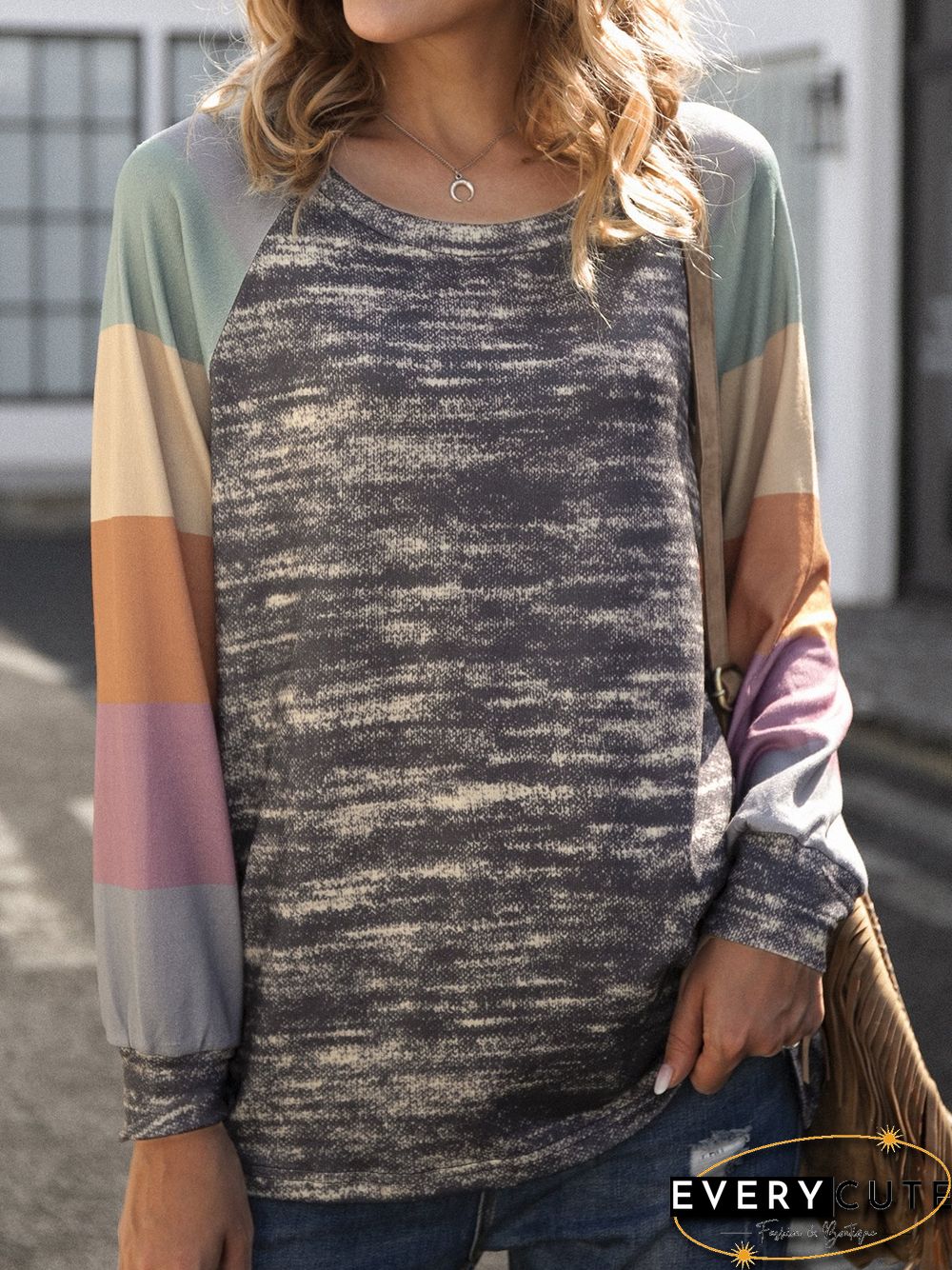 Multicolor Round Neck Long Sleeve Cotton-Blend Color-Block T-shirt