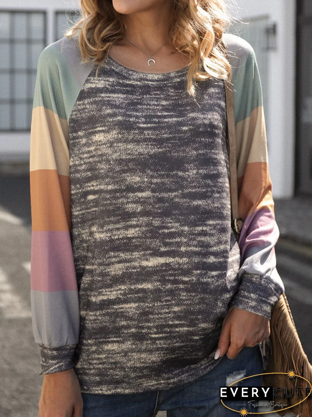 Multicolor Round Neck Long Sleeve Cotton-Blend Color-Block T-shirt