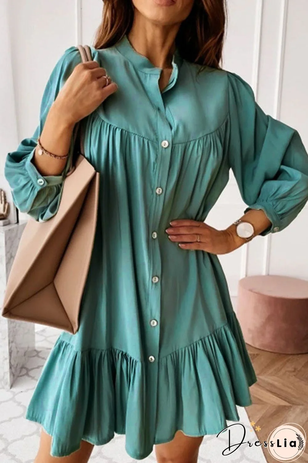 Fashion Casual Solid Split Joint Mandarin Collar A Line Dresses