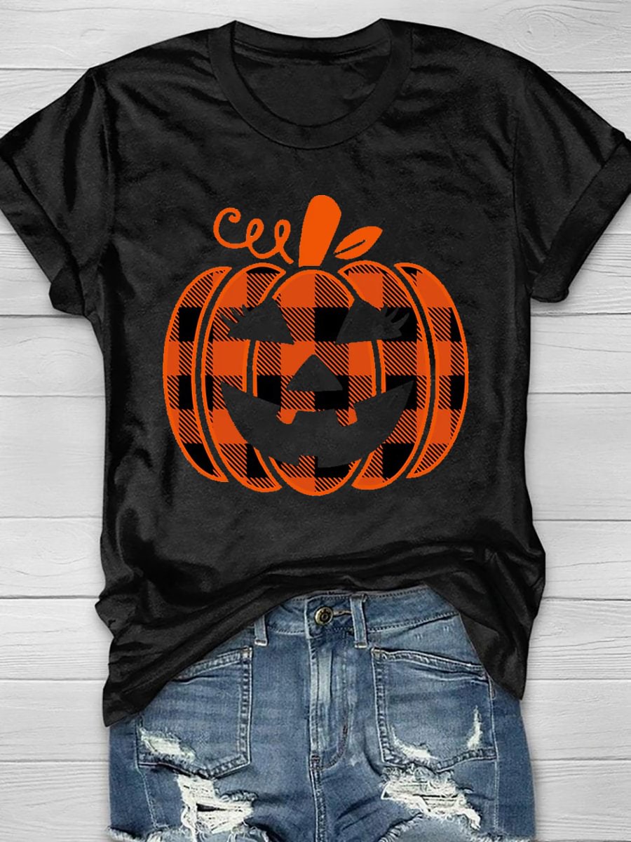 Pumpkin Check Print Short Sleeve T-Shirt