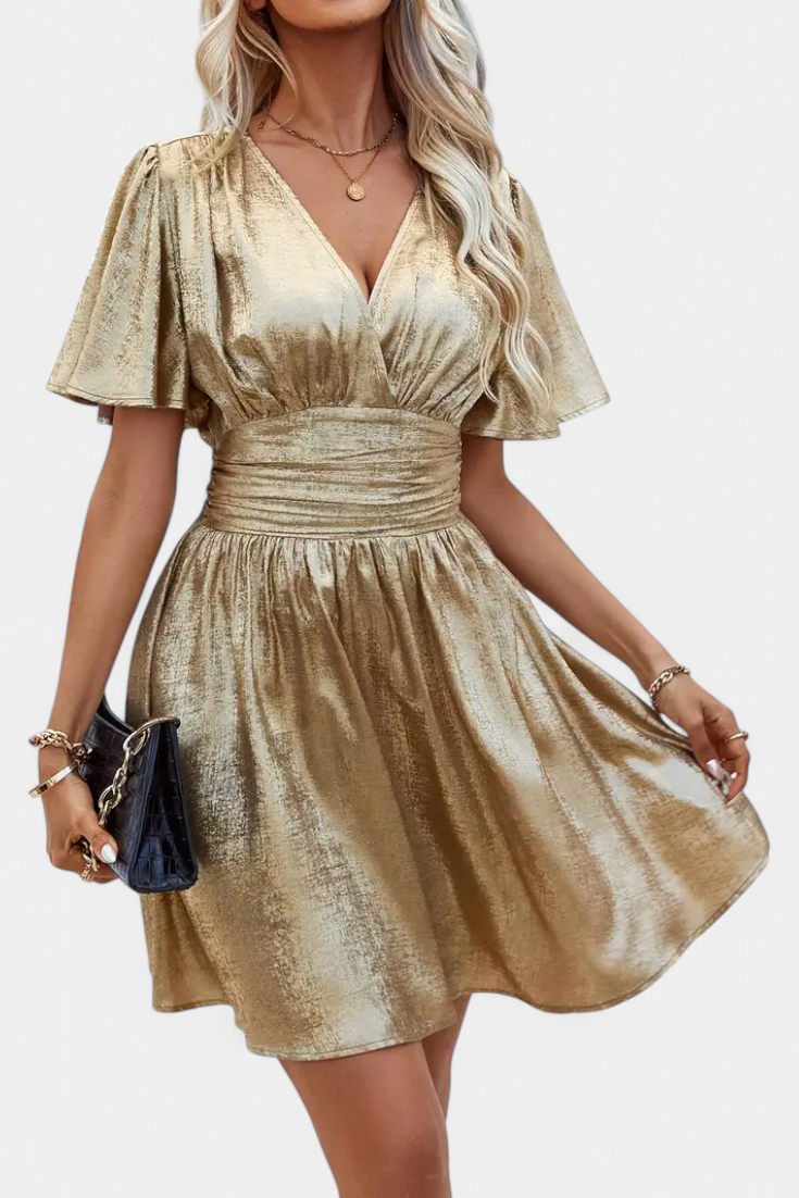 V-Neck Wrap Dress with Puffed Sleeves