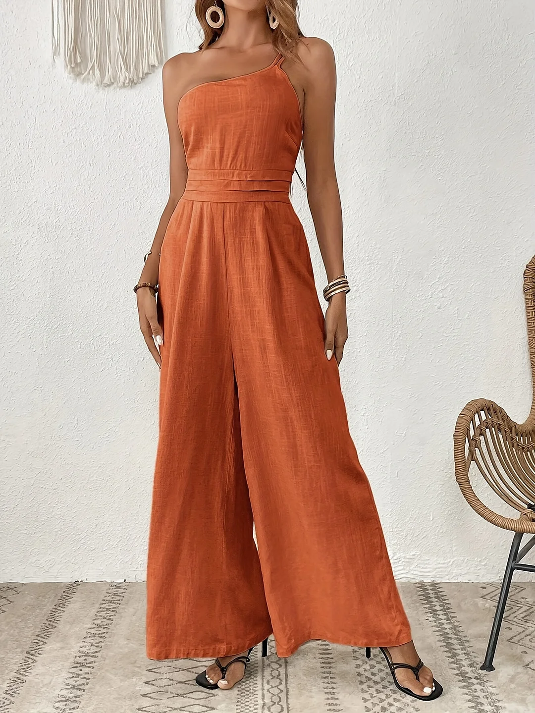 Sleeveless One-Shoulder Women's Elegant Wide-Leg Jumpsuit | Machine Washable Polyester, Tie-Waist, Perfect For Spring/Summer/Fall | IFYHOME