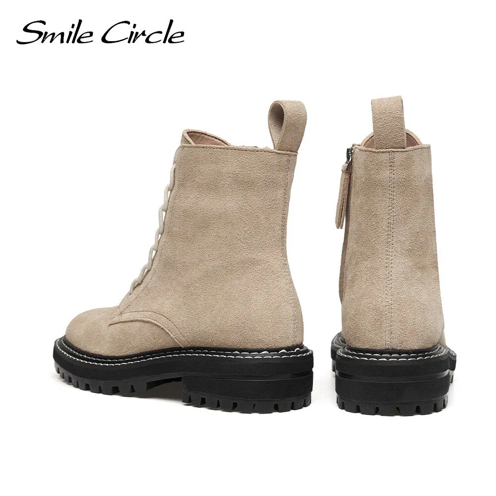 Smile Circle Ankle Boots Women Autumn Cow suede Platform Martin Boots Round toe Lace-up Chunky Side zipper Motorcycle Boots