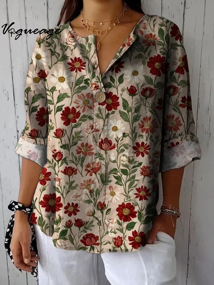 Soft Gentle Elegant Vivid Flowers Printed Cotton And Linen Shirt