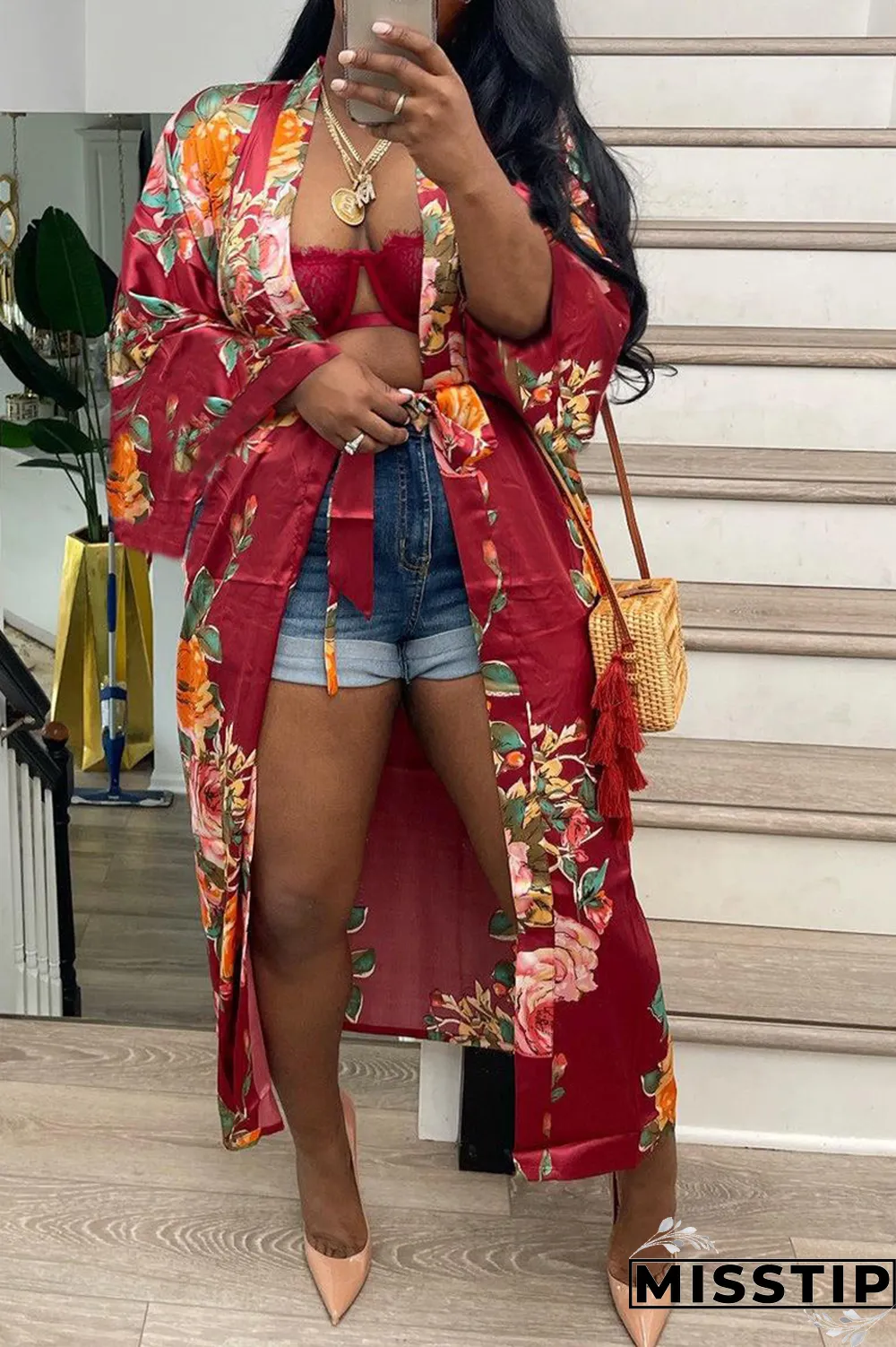 Yellow Casual Print Bandage Cardigan Collar Outerwear