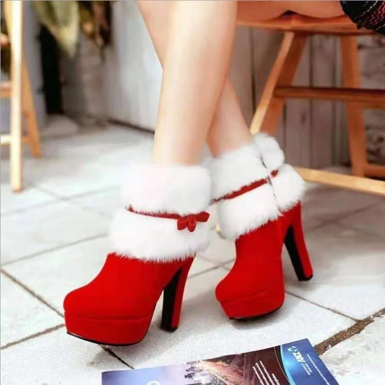 Christmas Red High-heeled Boots And Furry Bow Short Boots