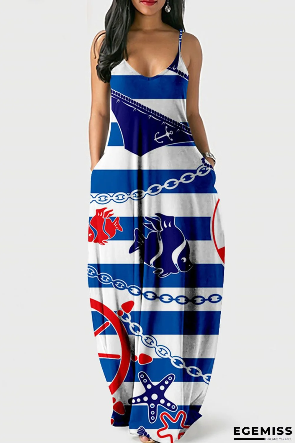Blue White Fashion Sexy Print Backless Spaghetti Strap Long Dress | EGEMISS