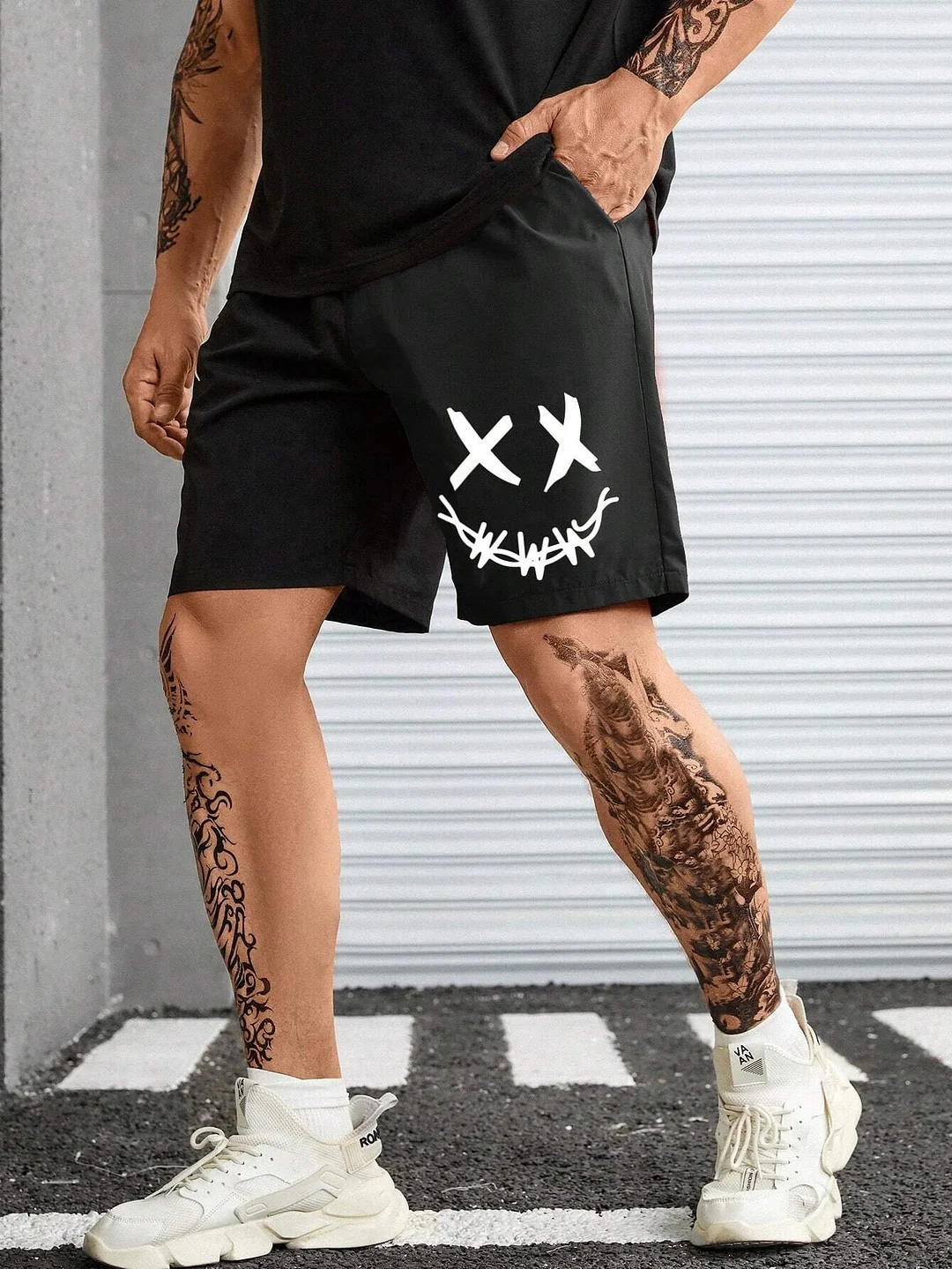 Evil Emoji Graphic Black Print Shorts