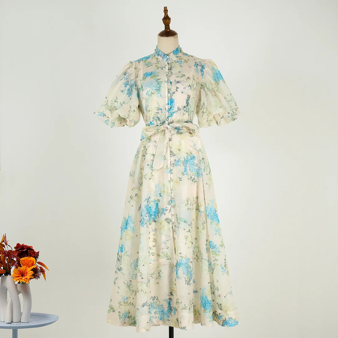 Nigikala Nigikala Court Style High Design Feeling Heavy Industry Nail Drill Short Sleeve Single Buckle Dress + Sling