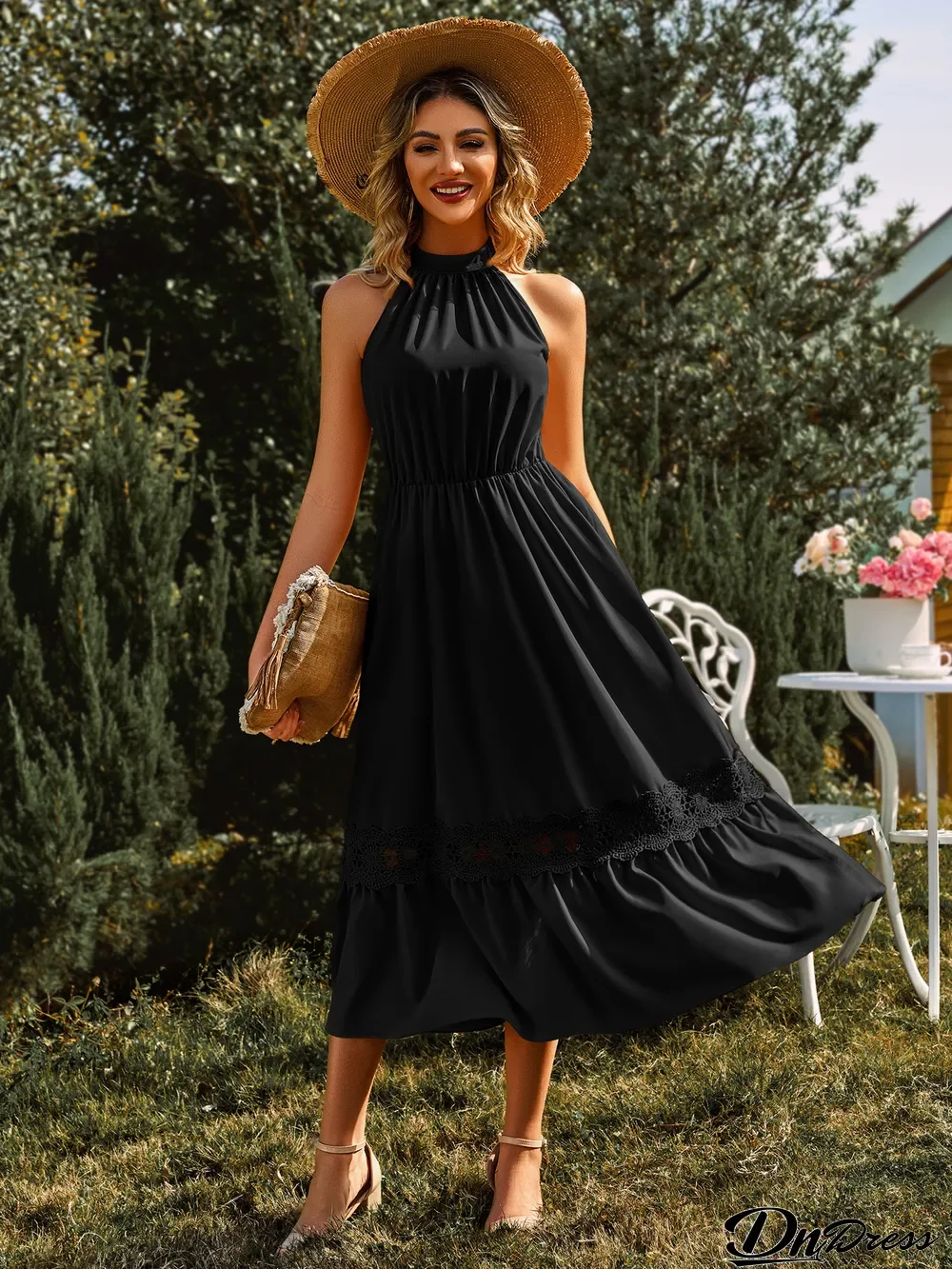 Summer Casual Women's Fashion Solid Color Sleeveless Halter Neck Lace Dress