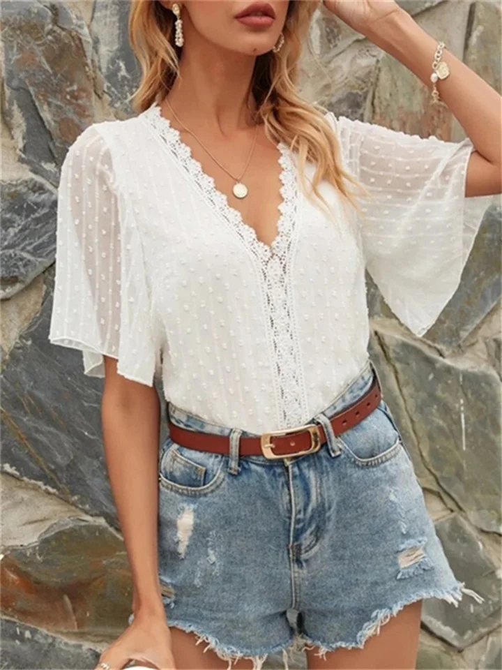 Summer Preferential Chiffon Loose Solid Color Small Point Chiffon Fir Loose Type Pullover V-neck Lace T-shirt Butterfly Sleeve Tops for Women | 168DEAL