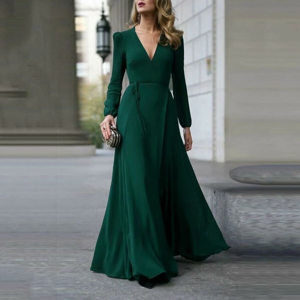 Vintage Formal Dress Women Lady V Neck Long Sleeve Maxi Dress Autumn Winter Evening Party Wedding Prom Gown Dress