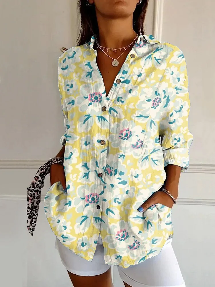 Vintage Watercolor Floral Art Print Casual Long Sleeve Shirt