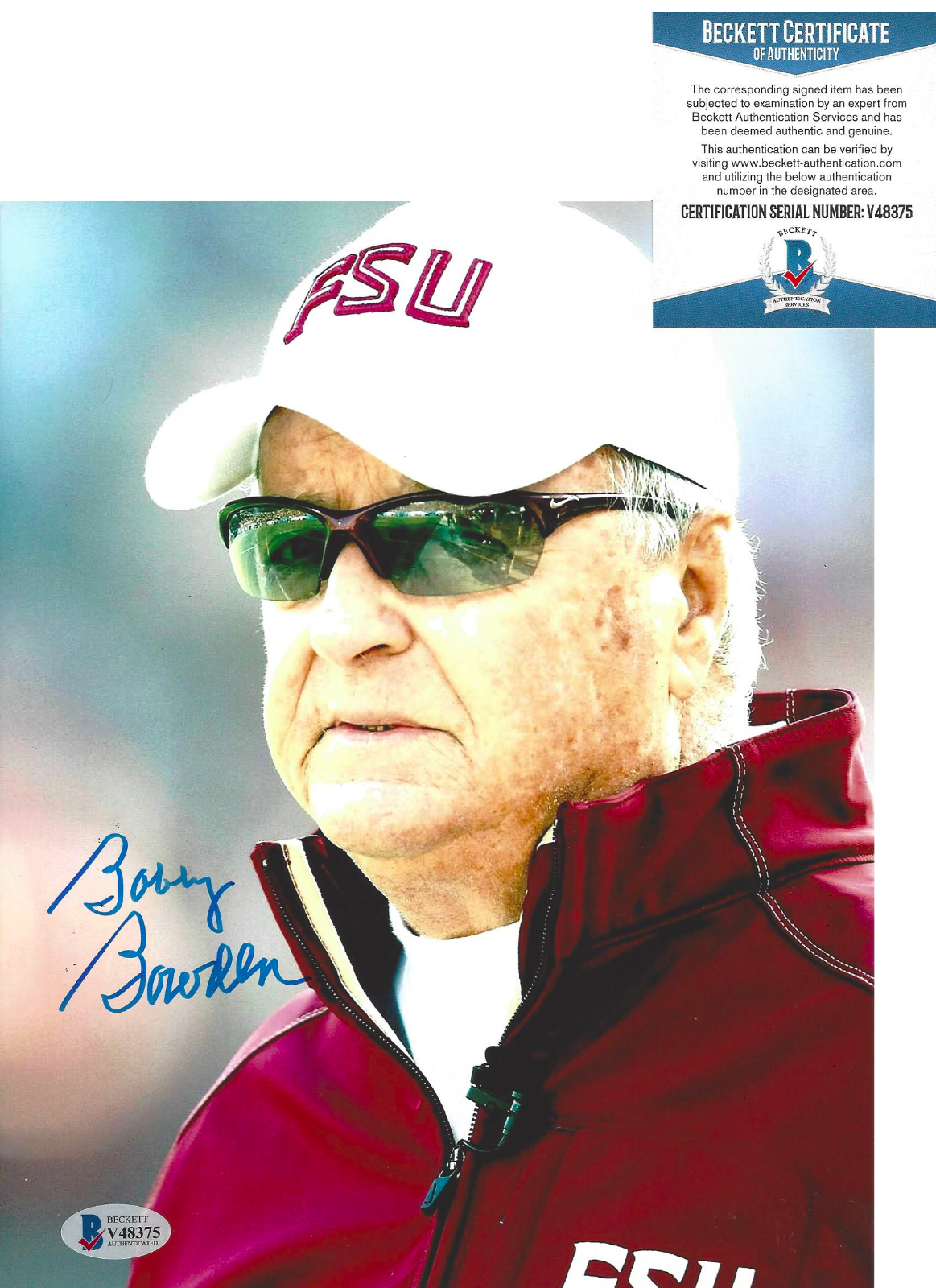 COACH BOBBY BOWDEN FLORIDA STATE SEMINOLES SIGNED 8x10 Photo Poster painting H BECKETT COA BAS