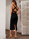 Sexy Sleeveless Skinny Back Cross Tied Backless Solid Color U-Neck Midi Dresses