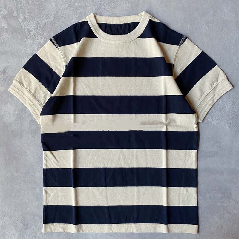 Vintage Cotton Multicolor Wide Striped Round Neck Short Sleeve T-shirt