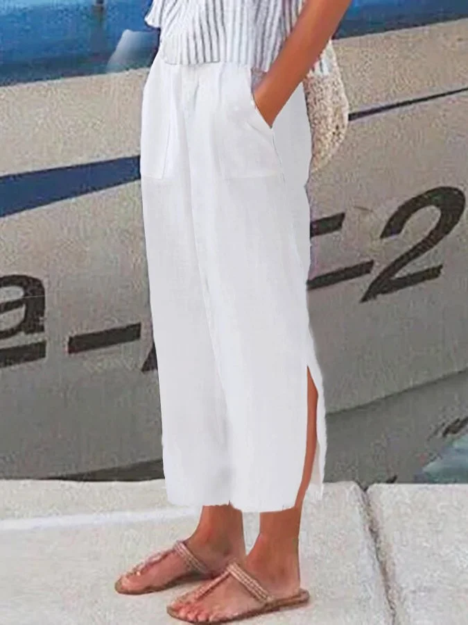 Solid Pocket Slit Casual Pants