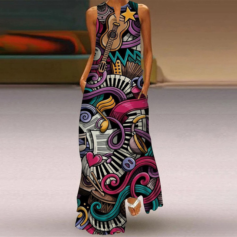 Hippie Music Print V-Neck Maxi Dress wearshes