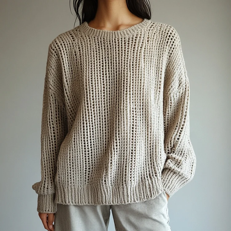 Ursime Wool Knit Hollow Out Long Sleeve Drop Shoulder Sweater