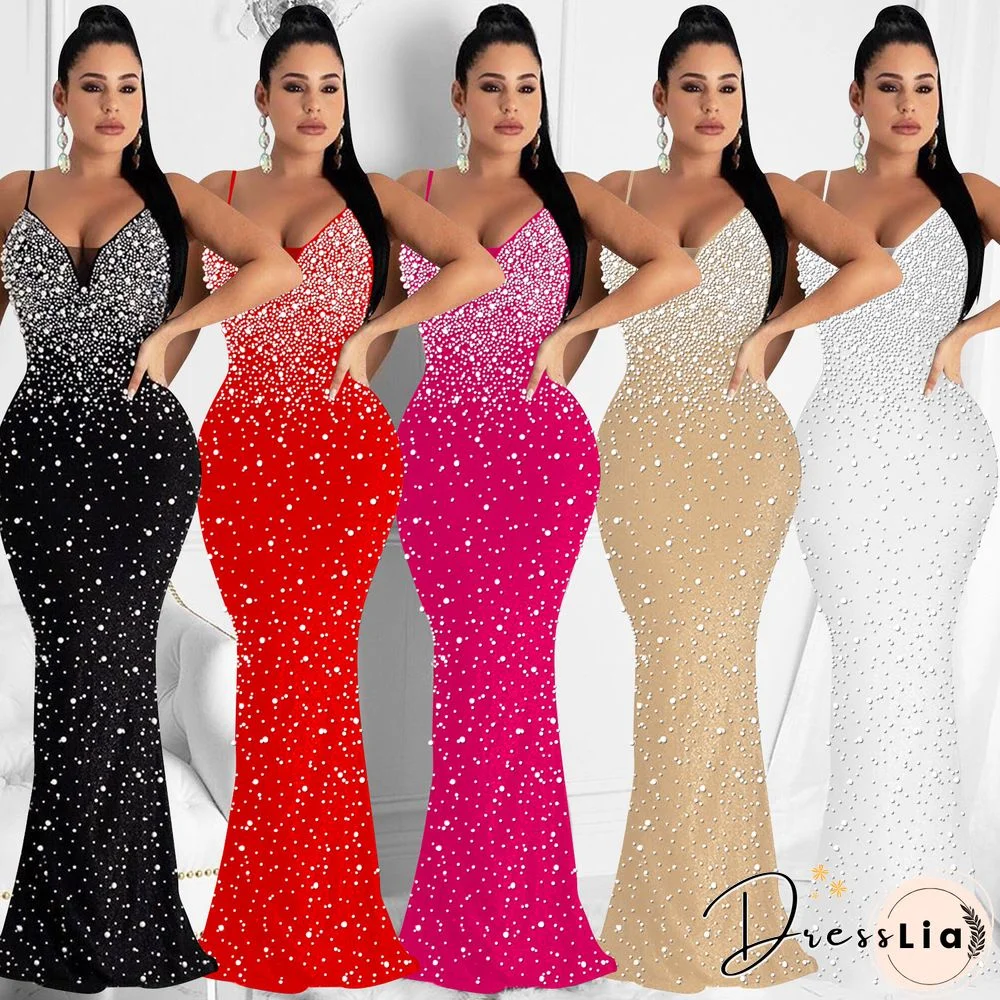 Felyn New Arrival Famous Brand Dress Solid Beading Spaghetti Strap Sexy Celebrity Party Maxi Dress Vestidos