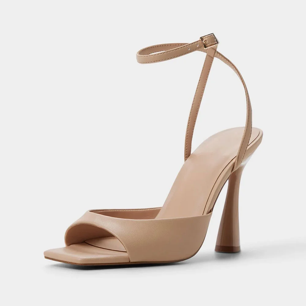 Women's Vegan Leather Square Toe High Heel Ankle Strap Nude Sandals