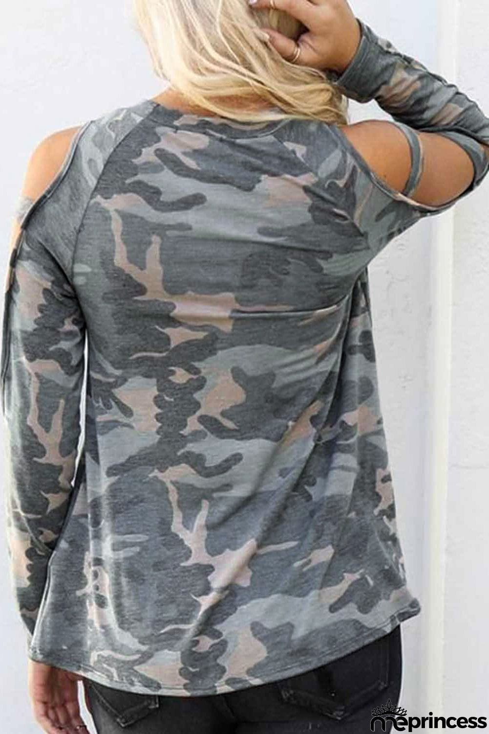 Camouflage Shoulder To Hollow Out Long Sleeve Top