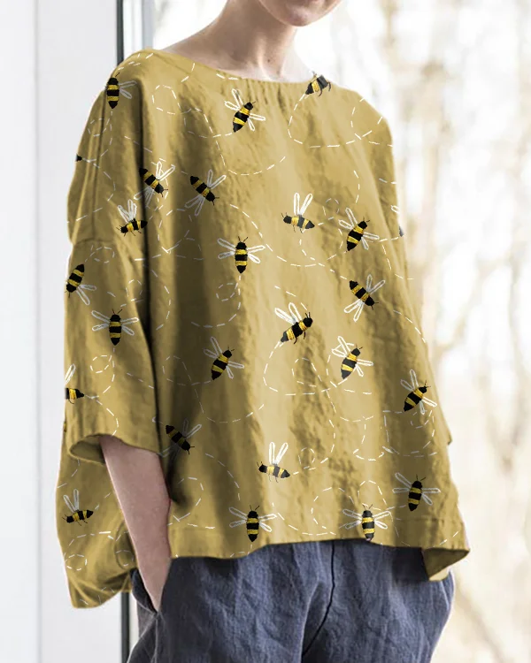 Retro Bee Art Print Round Neck Cotton and Linen Loose Top