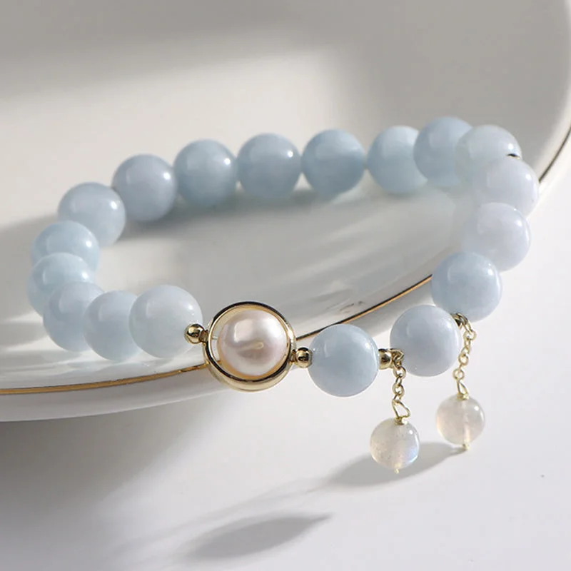 Aquamarine Pearl Healing Moonstone Beads Charm Bracelet