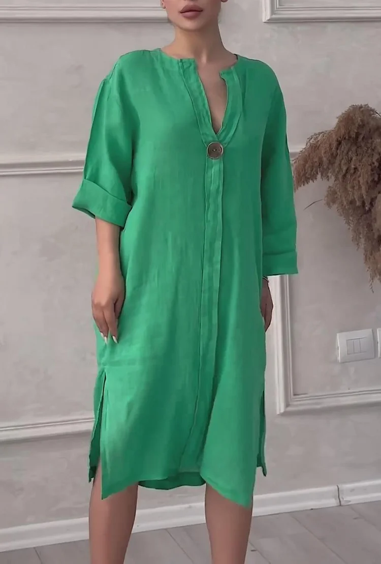 3/4 Sleeve Cotton and Linen Button Tunic Dress VangoghDress