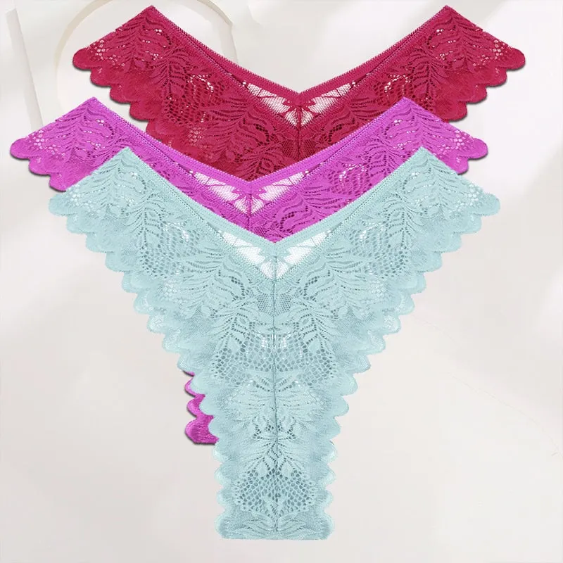 FINETOO 3PCS/Set Lace Gstring Panties Women Sexy M-XL Girls Thongs Perspective Temptation New Pantys Underwear Female Intimates