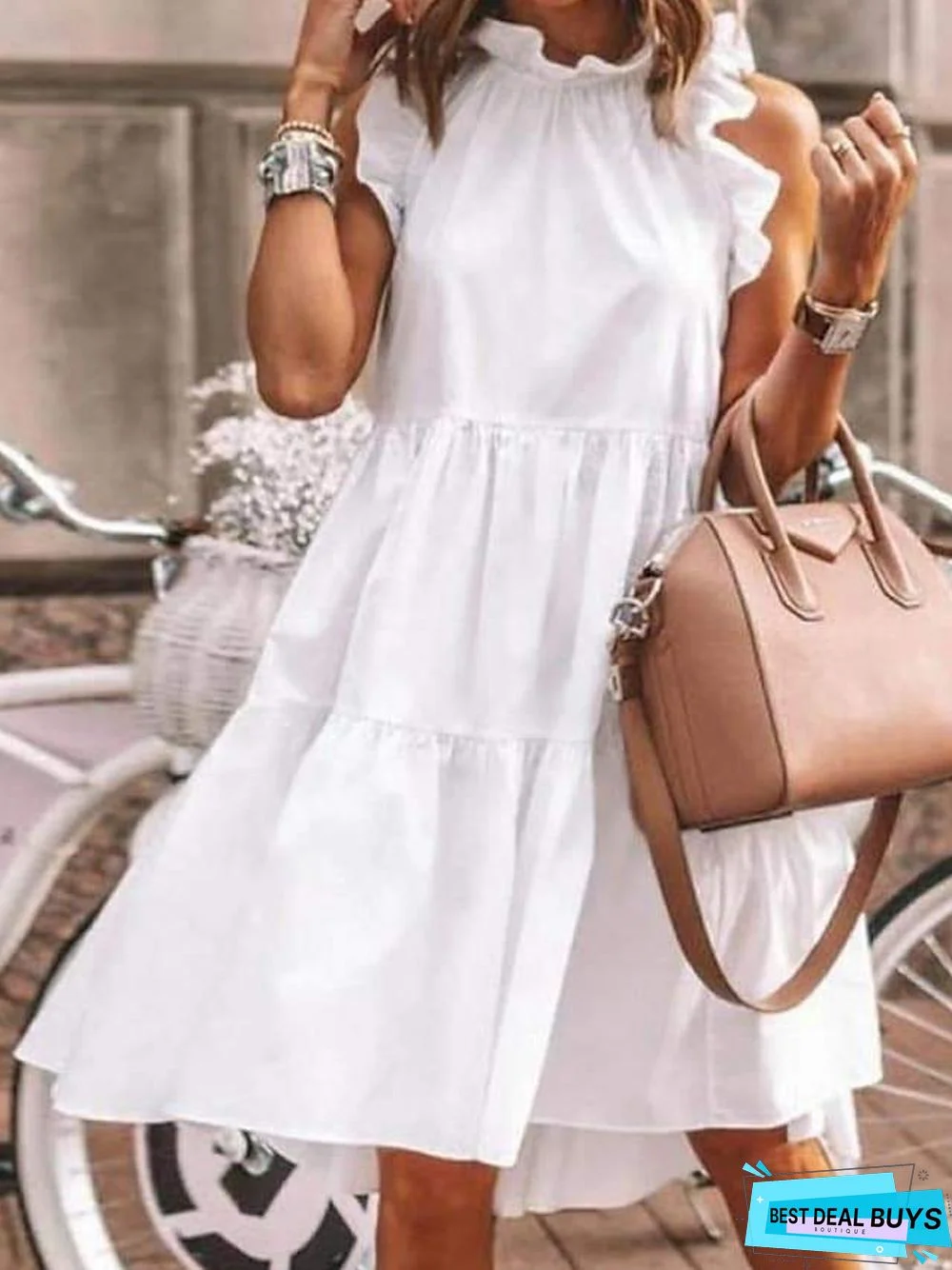 Women's A Line Dress Knee Length Dress White Black Green Dusty Blue Gray Sleeveless Solid Color Ruched Ruffle Patchwork Spring Summer Round Neck Elegant Casual White Dresses