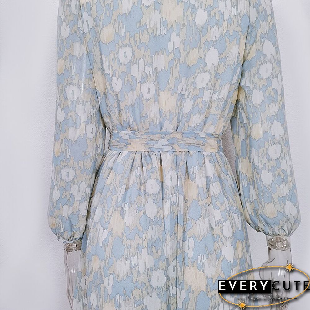 New Fashion Casual Polka Dot Print Chiffon Dress Womens High Waist lantern sleeve a-line