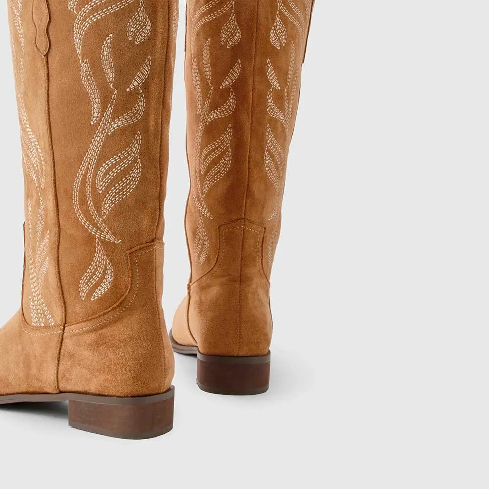 Brown Square Toe Chunky Heel Embroidered Cowboy Boots for Women
