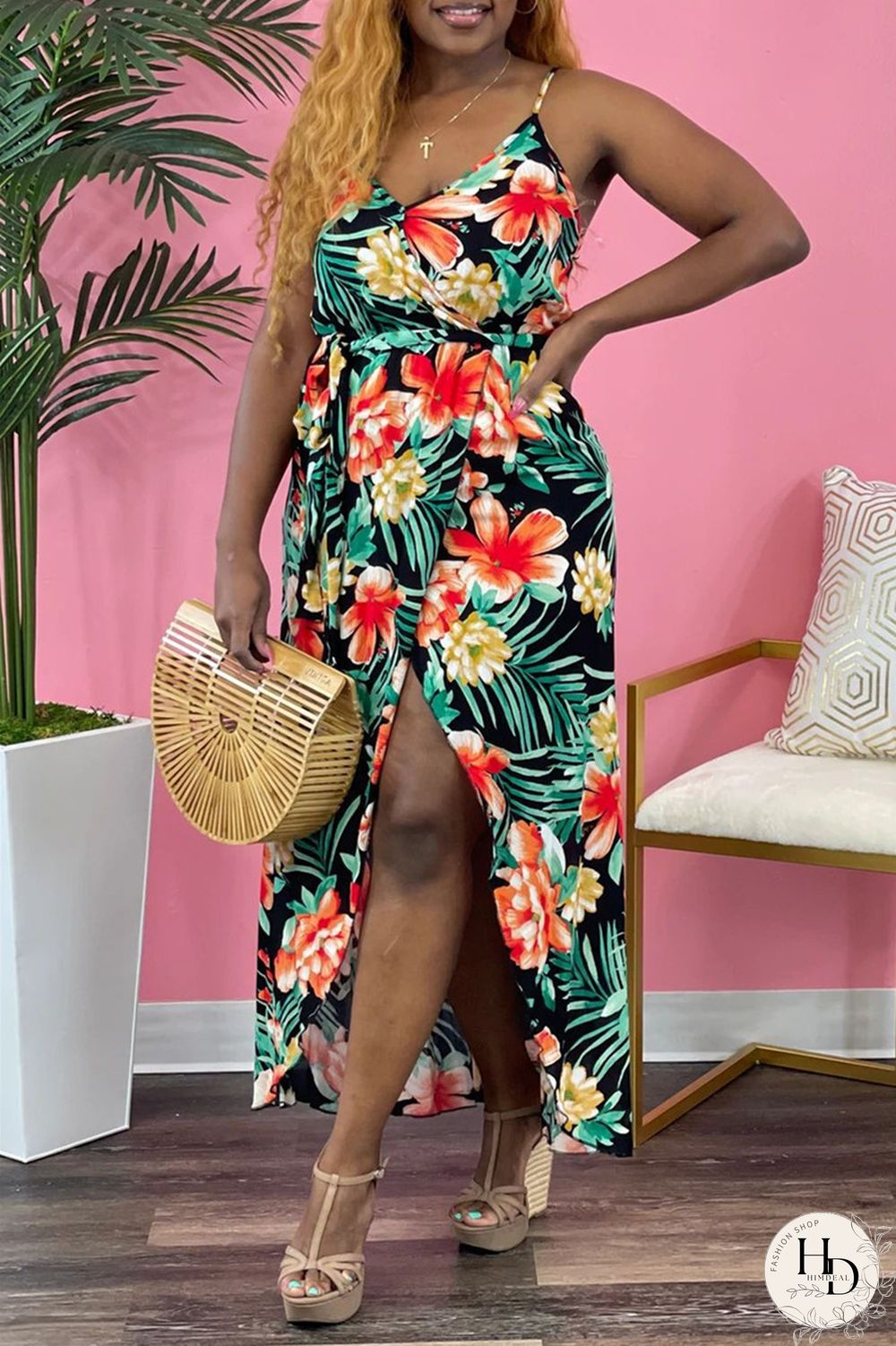 Red Sexy Casual Print Bandage Backless V Neck Sling Dress