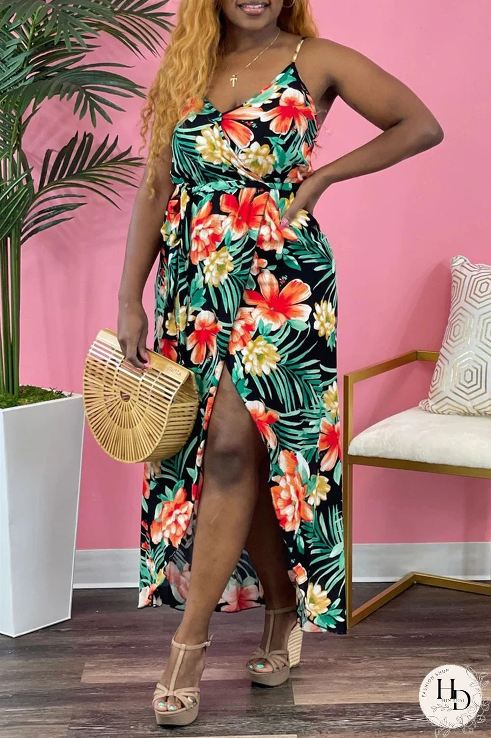 Red Sexy Casual Print Bandage Backless V Neck Sling Dress