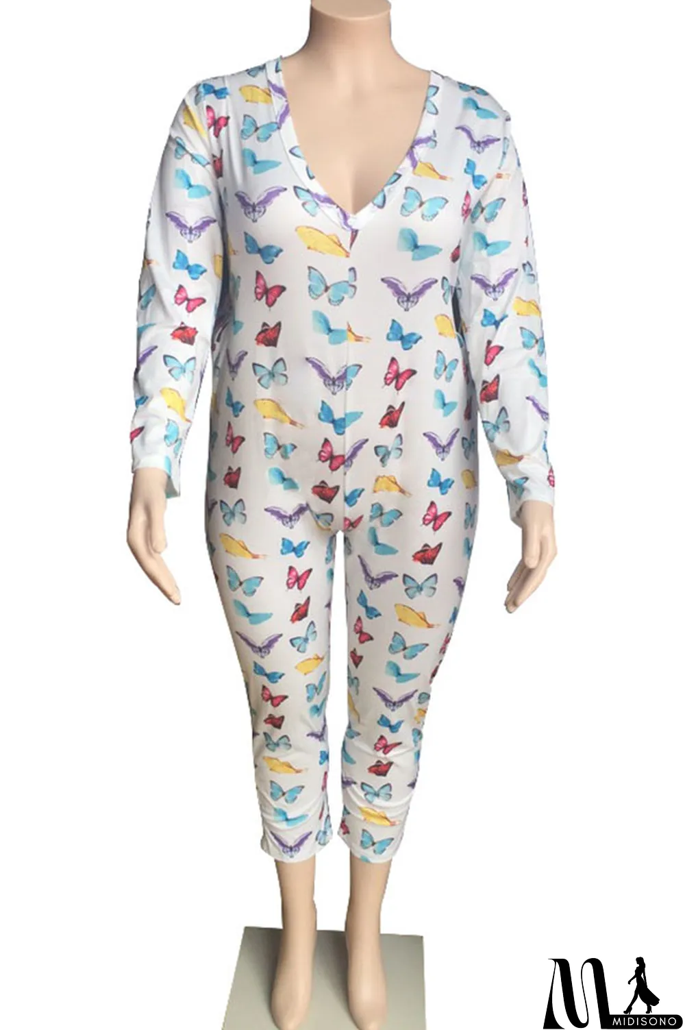 MidiSono - White Polyester Fashion Sexy O Neck Print Button Plus Size