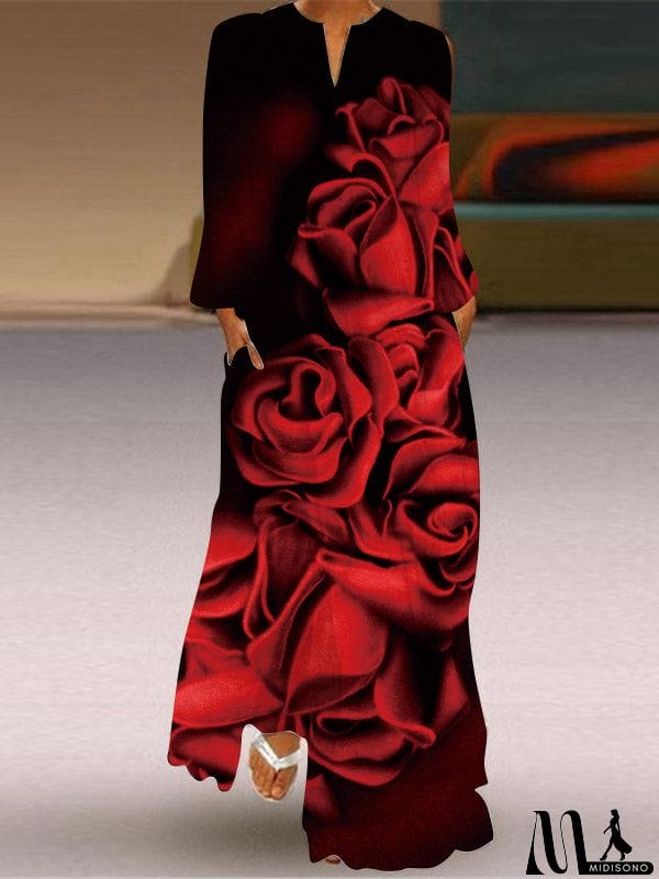 MidiSono - Long Sleeves Loose Floral Printed Gradient V-Neck Maxi Dresses