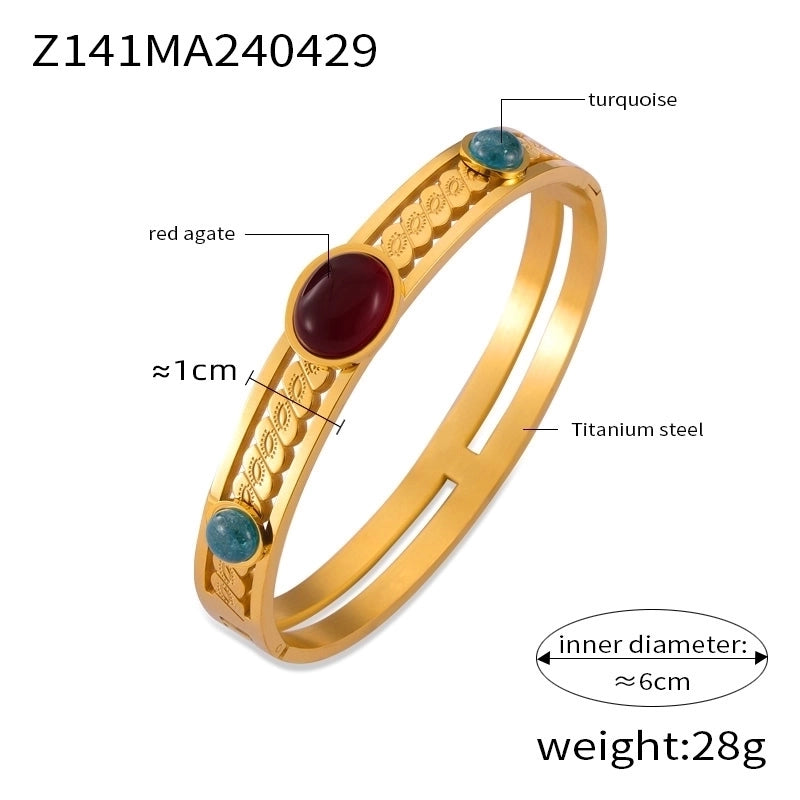 Retro Minimalist Round 304 Stainless Steel 18K Gold Plated Natural Stone Bangle In Bulk