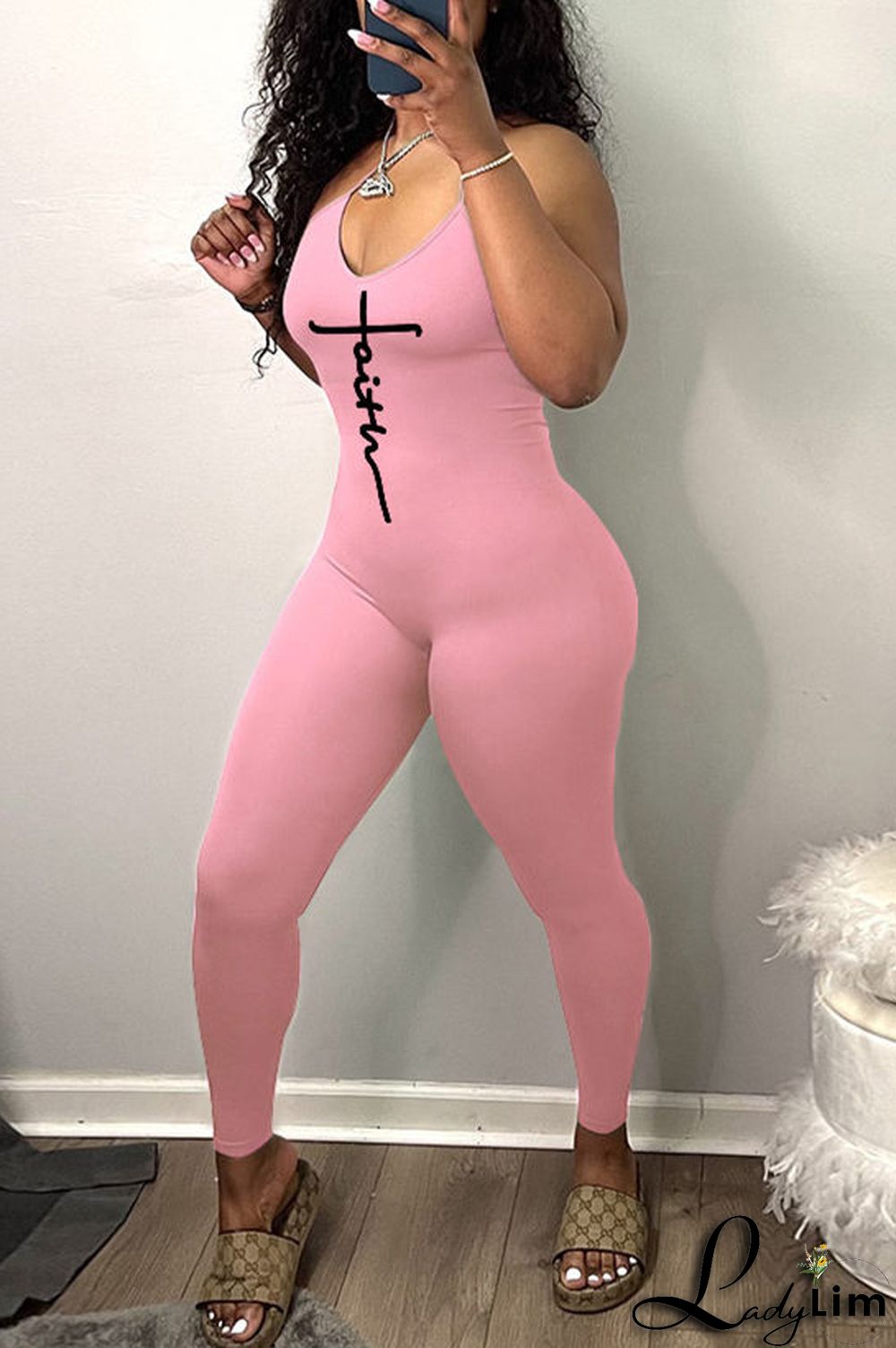 Light Green Sexy Casual Print Backless Spaghetti Strap Skinny Jumpsuits