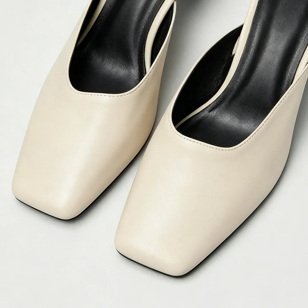 Casual Beige Slip On Square Toe Block Heel Mules for Women