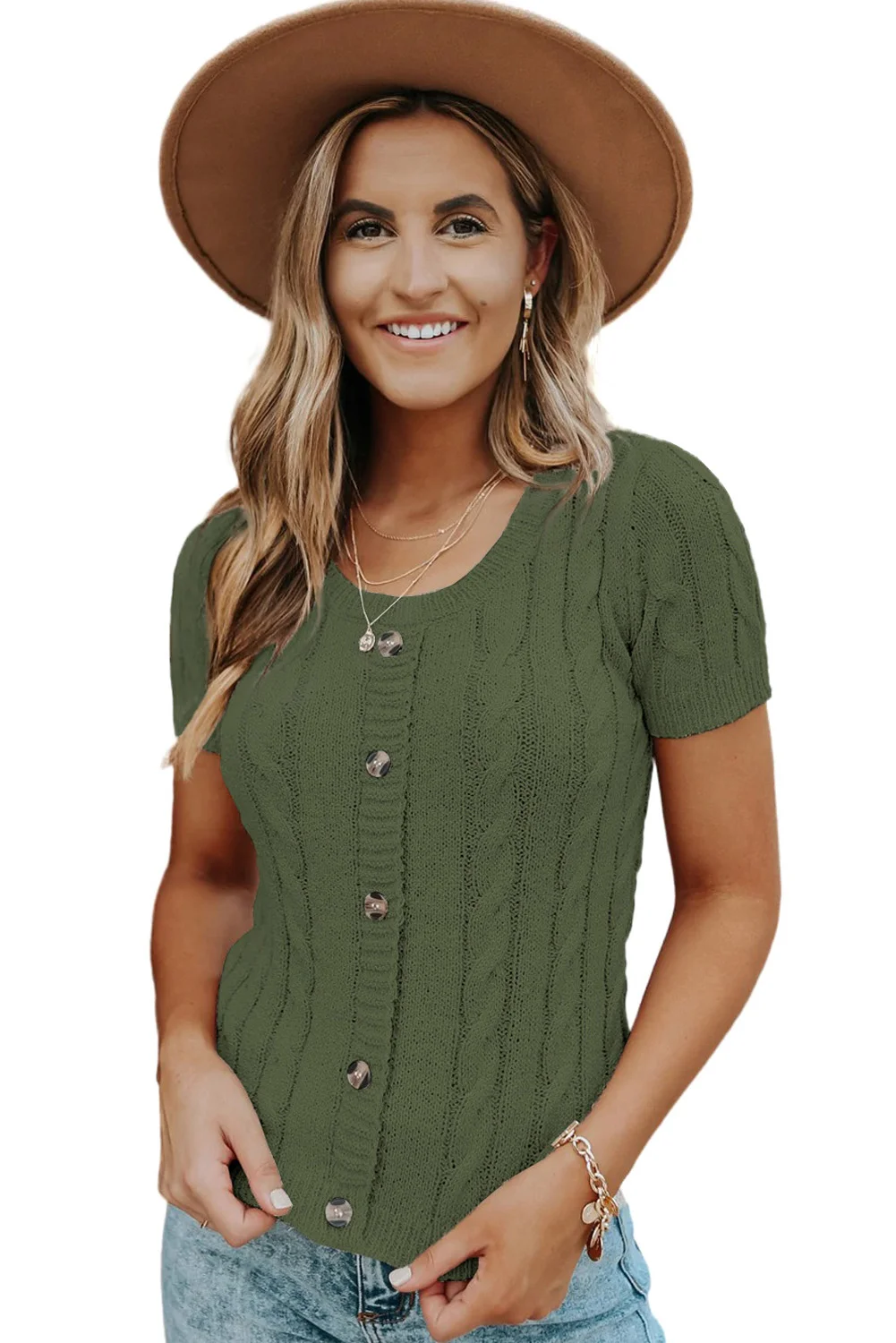 Green Cable Knit Short Sleeve Top with Buttons