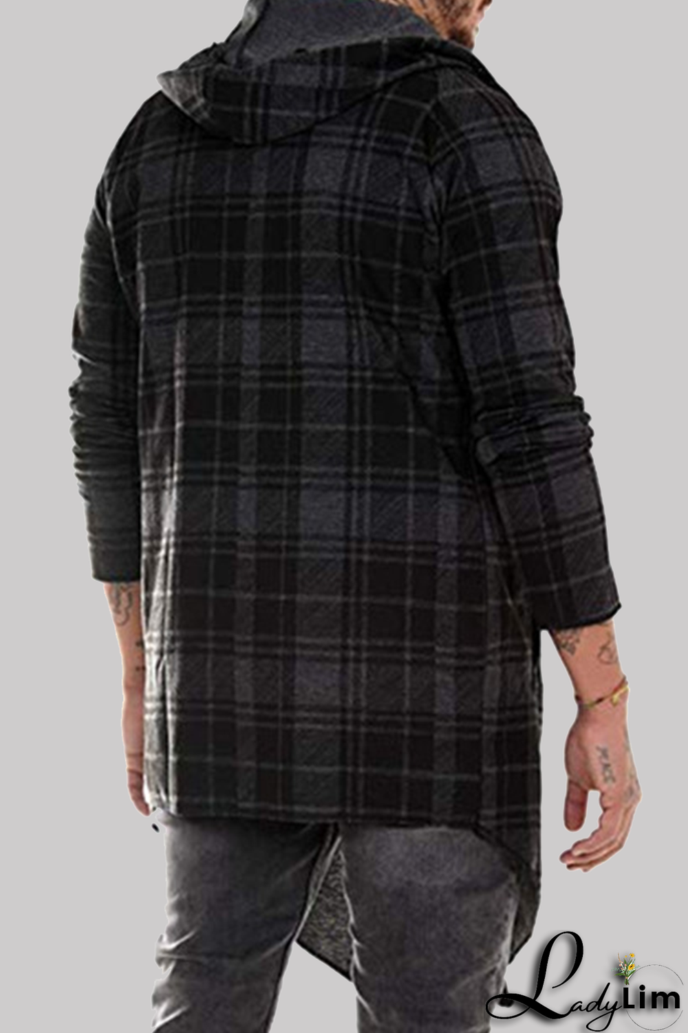 Dark Gray Fashion Casual Plaid Split Joint Hooded Collar Outerwear