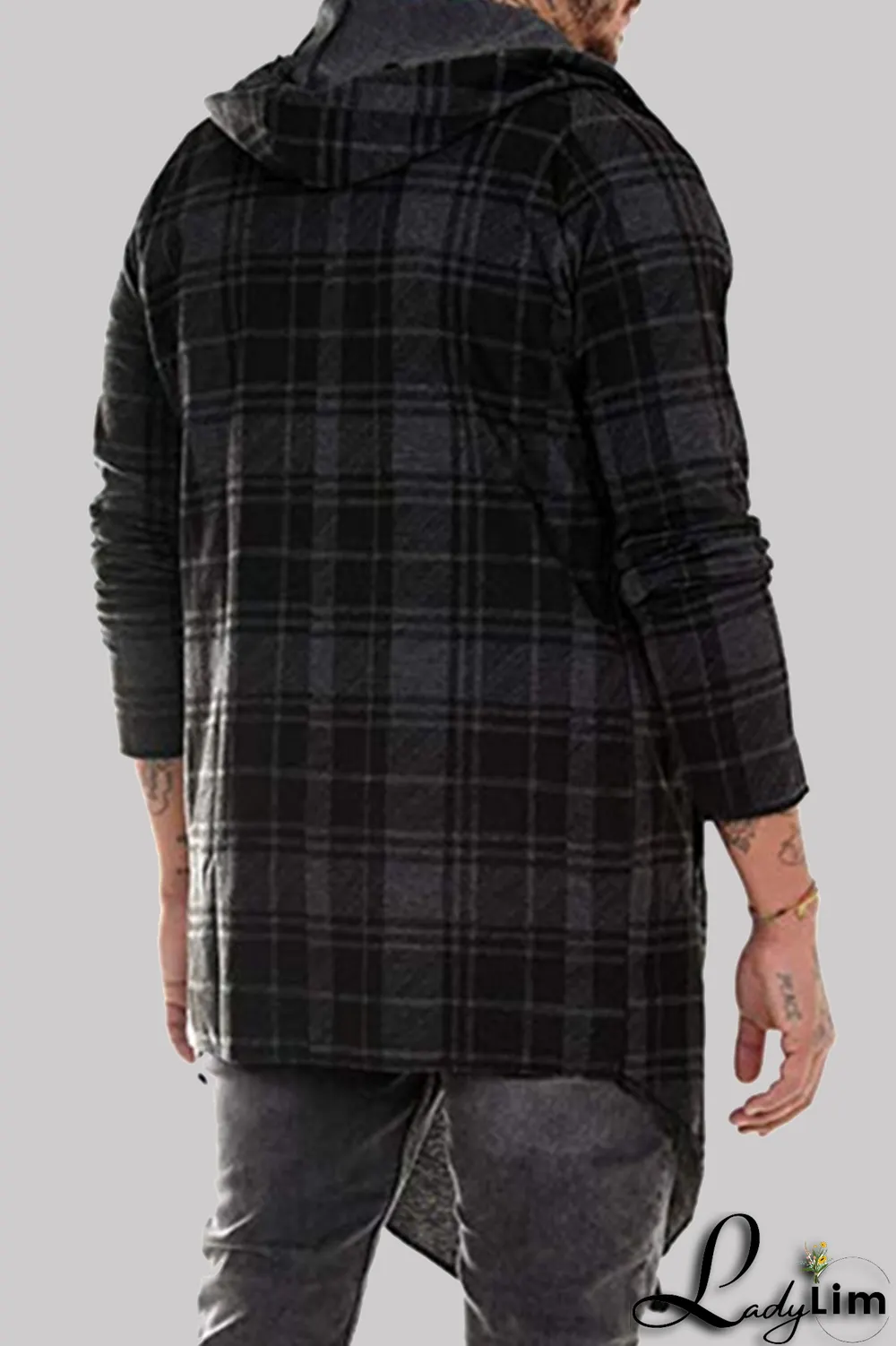 Dark Gray Fashion Casual Plaid Split Joint Hooded Collar Outerwear